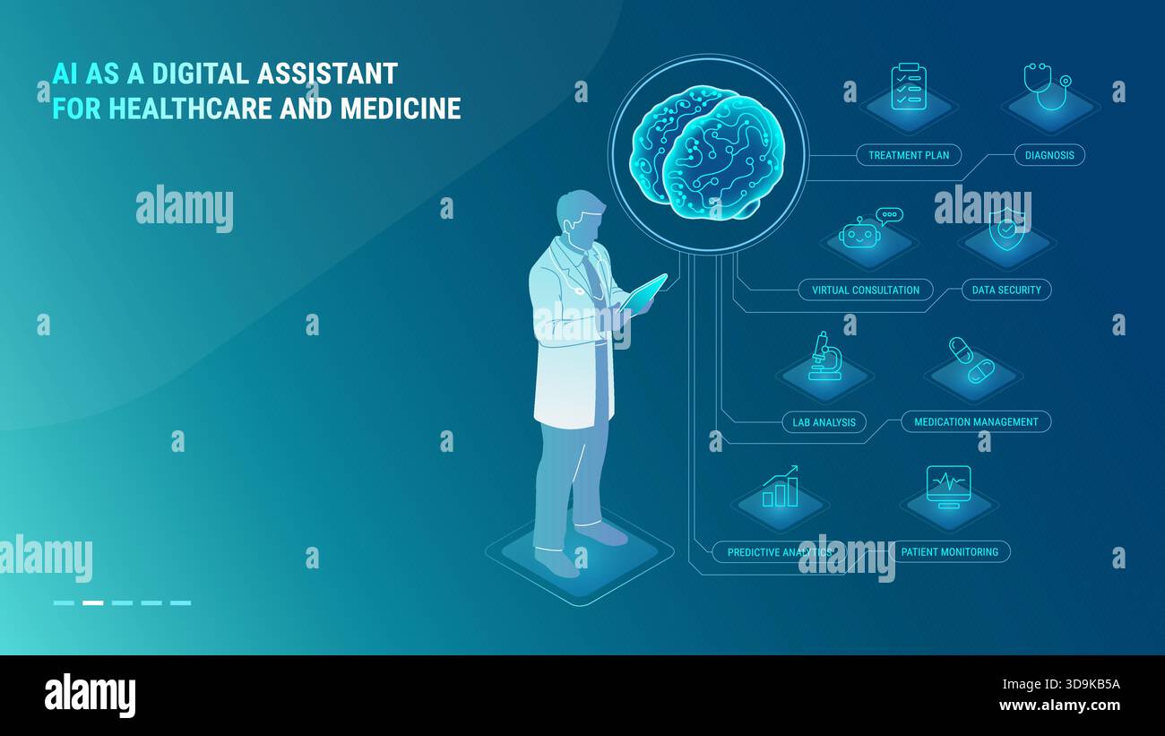 Assistente digitale AI per l'assistenza sanitaria e il concetto medico - infografica vettoriale della tecnologia isometrica - un medico con tablet collegato a assi alimentati dall'intelligenza artificiale Illustrazione Vettoriale