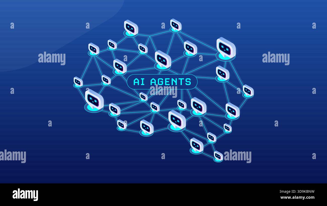 Concetto di flusso di lavoro di rete di intelligenza artificiale - più agenti di intelligenza artificiale connessi sotto forma di cervello digitale - vettore infografico con tecnologia isometrica Illustrazione Vettoriale