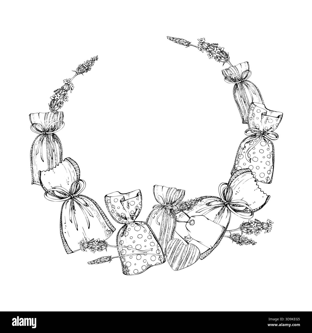 Sacchetti riempiti di lavanda in tessuto a strisce a punti in stile country legati con nastro, illustrazione con struttura a corona isolata disegnata a mano con inchiostro vettoriale. Floreale Illustrazione Vettoriale