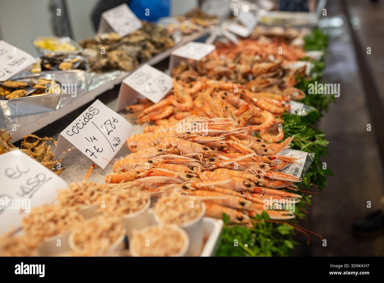 Cadice, Spagna - 3 dicembre 2025: Mercato del pesce con gamberi freschi, crostacei e pesci disposti su ghiaccio, evidenziando colori e consistenza vivaci Foto Stock