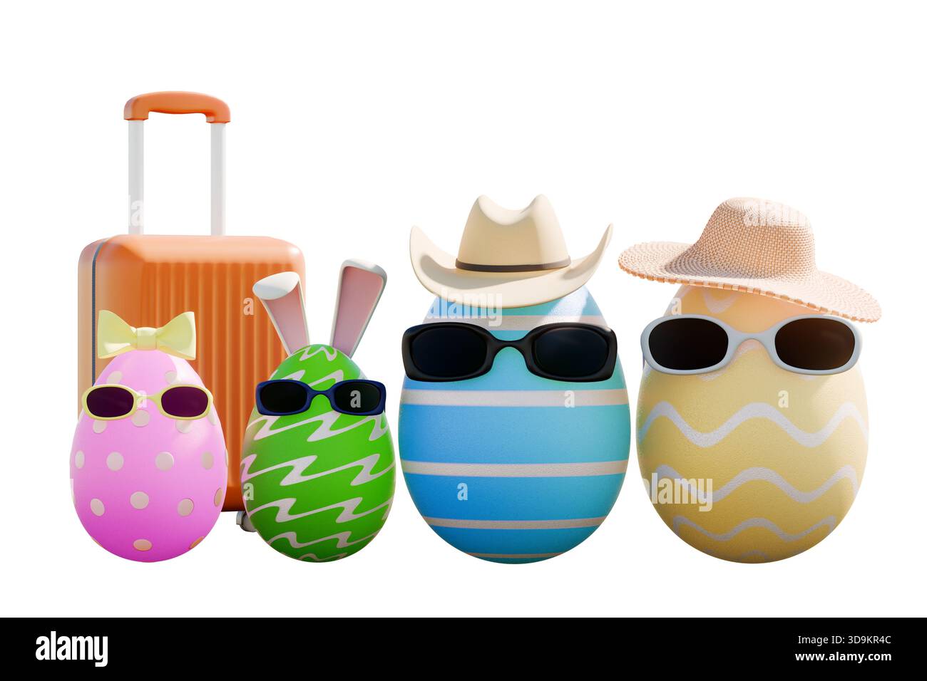 Quattro uova di Pasqua decorate con occhiali da sole e cappelli si trovano accanto a una valigia arancione per viaggiare. rendering 3d. Foto Stock