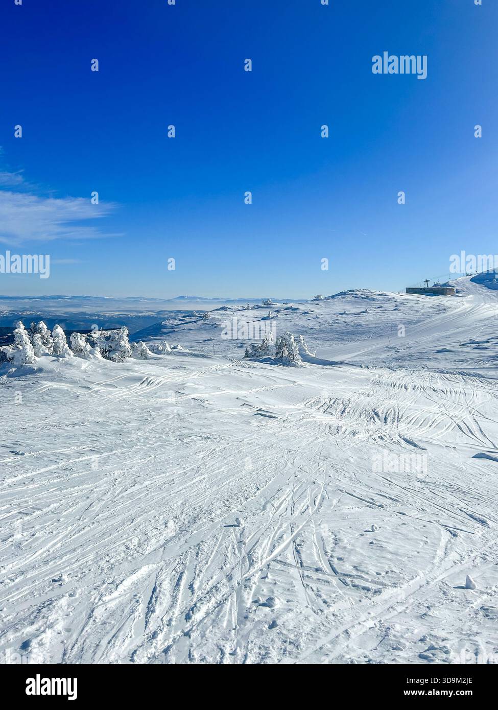 Un'ampia vista delle piste innevate di Jahorina sotto un cielo azzurro e un luminoso sole invernale. - Immagine stock catturata con smartphone