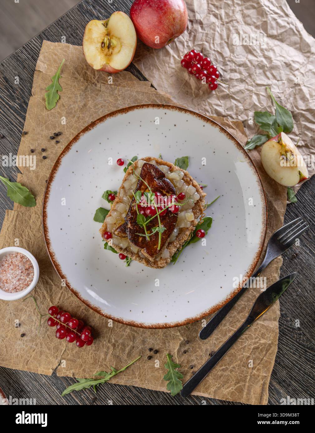 Foie gras su pane tostato croccante in stile rustico Foto Stock