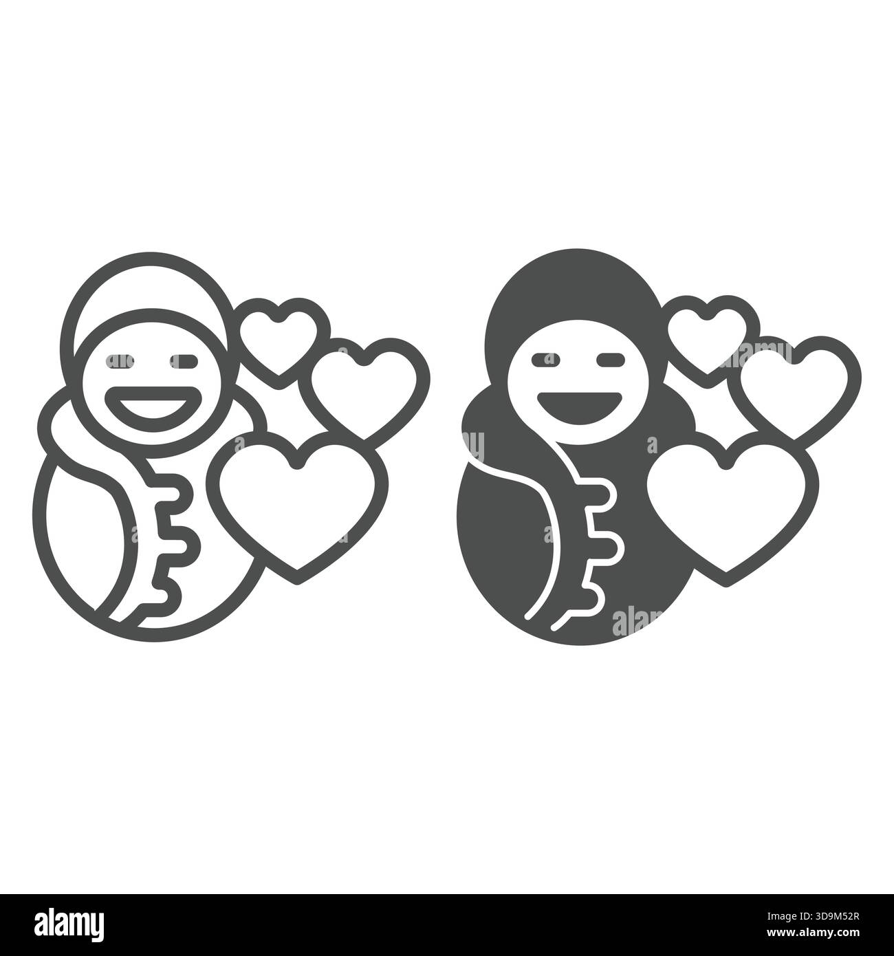 Bambino in abiti e linea di cuori a dondolo e icona solida, concetto di beneficenza. Grafica vettoriale. Cartello donazioni di vestiti per bambini su sfondo bianco, Illustrazione Vettoriale