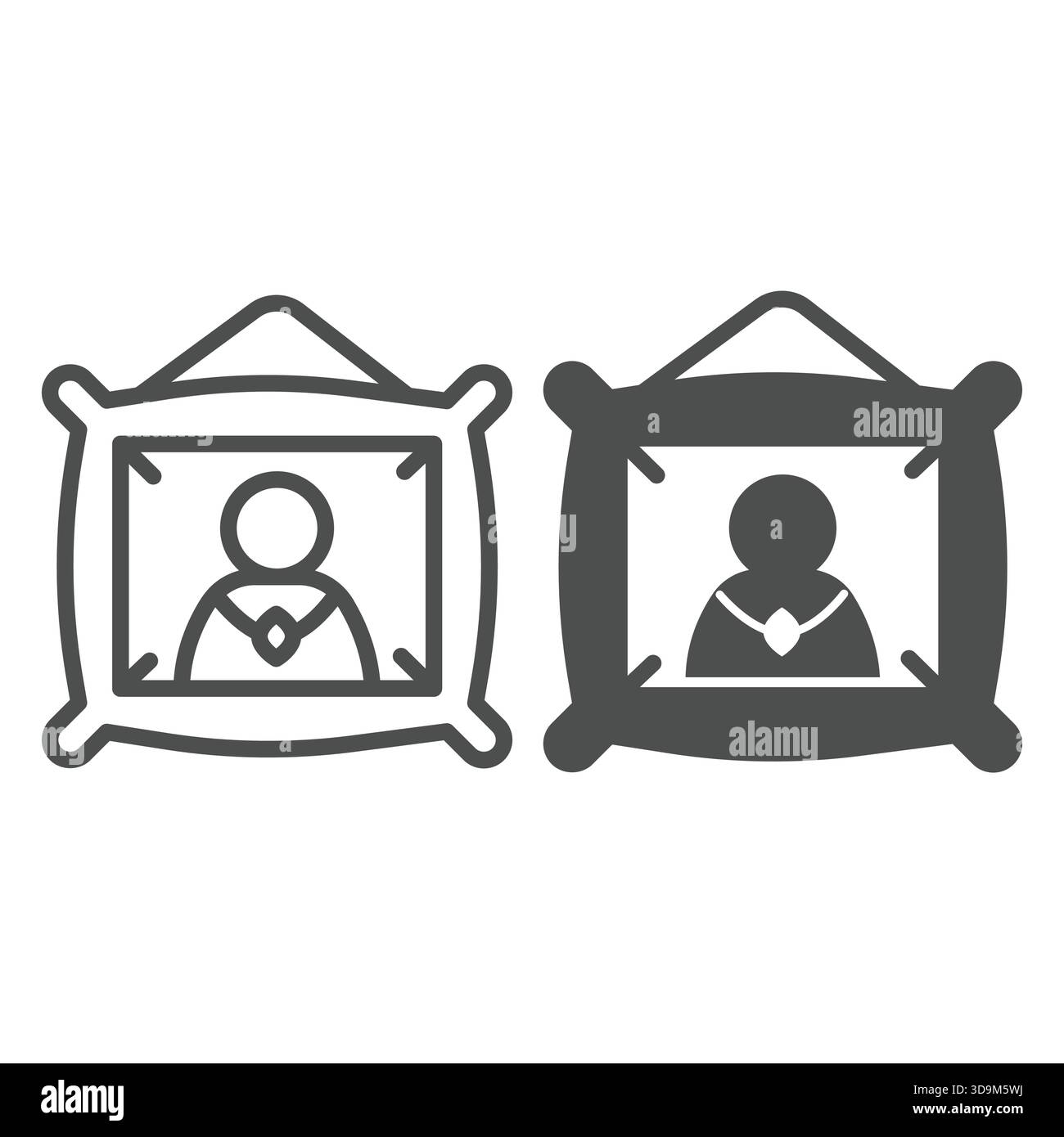 Uomo ritratto linea di pittura e icona solida, concetto di museo della città. Grafica vettoriale. Immagine della parete con il segno della persona storica su sfondo bianco, contorno Illustrazione Vettoriale