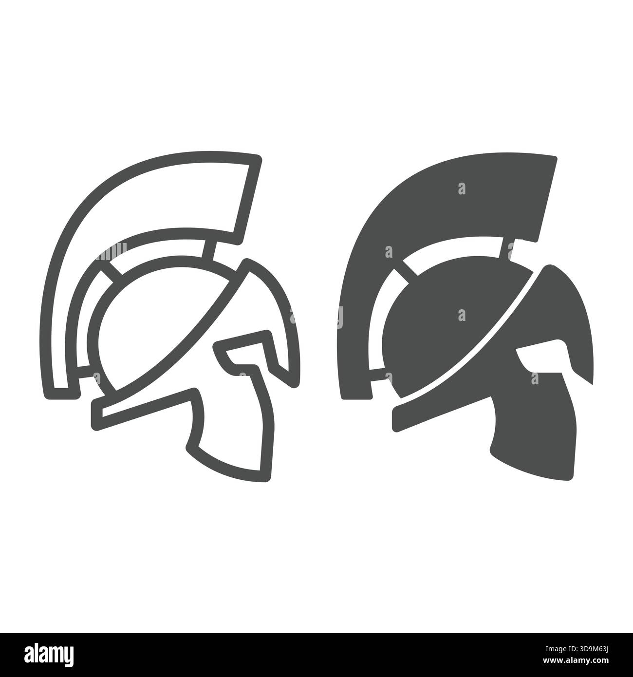 Linea di elmetti greca e icona solida, concetto di museo cittadino. Grafica vettoriale. Copricapo del guerriero romano, cartellone storico su sfondo bianco, fuori Illustrazione Vettoriale