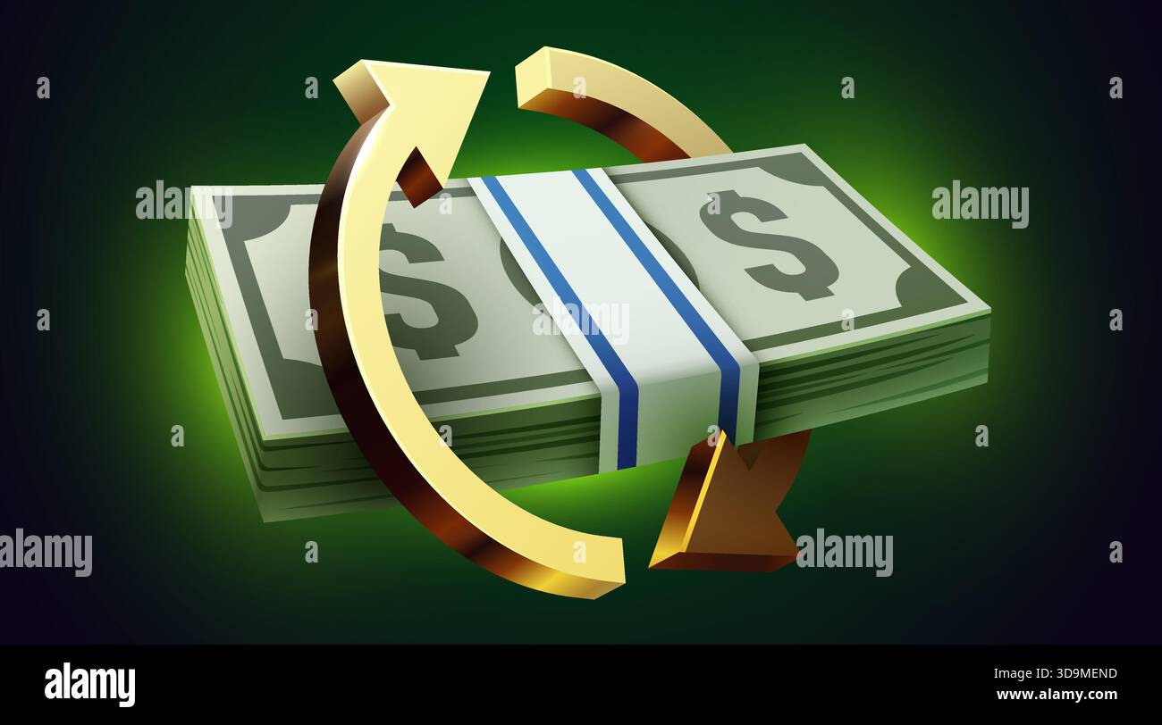 Concetto di ciclo finanziario con una pila di banconote da un dollaro circondata da una freccia dorata. Illustrazione vettoriale Illustrazione Vettoriale
