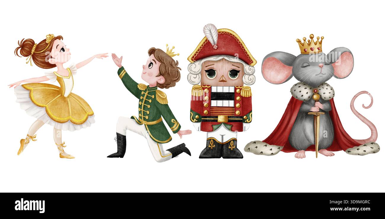 Un simpatico set di clipart acquerello: Una ballerina, un principe, il Re del mouse e lo Schiaccianoci. Perfetto per biglietti di Natale, adesivi, scrapbooking Foto Stock