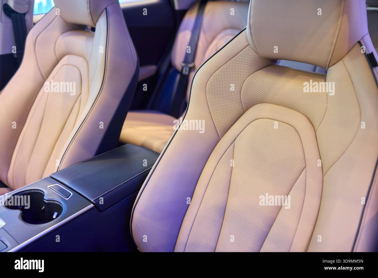 I dettagli dei sedili in pelle, la cura artigianale innovativa enfatizza la qualità, lo squisito lavoro artigianale che presenta micro perforazioni e contorni accuratamente lavorati Foto Stock