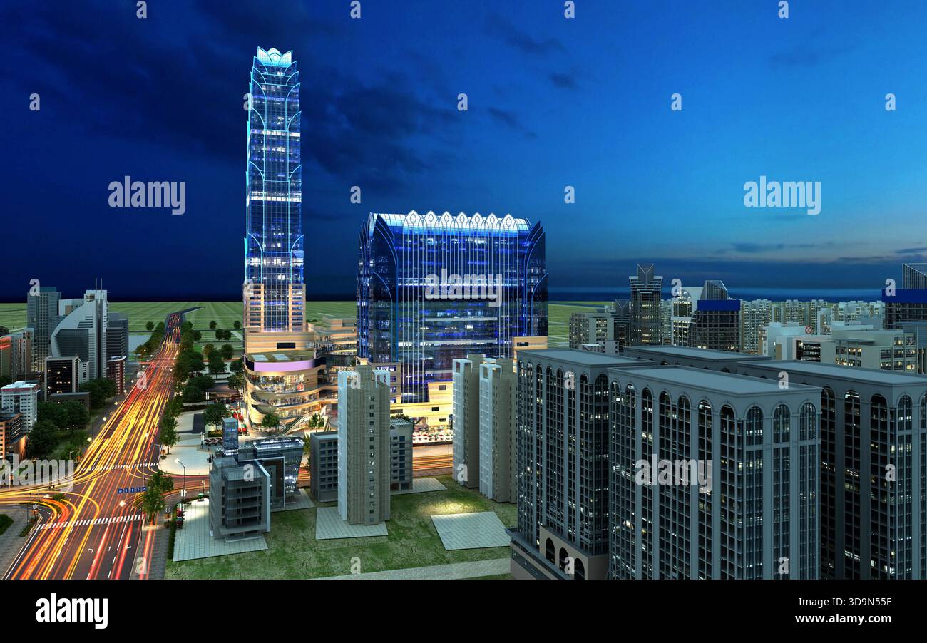 rendering 3d degli edifici i, n città di notte Foto Stock
