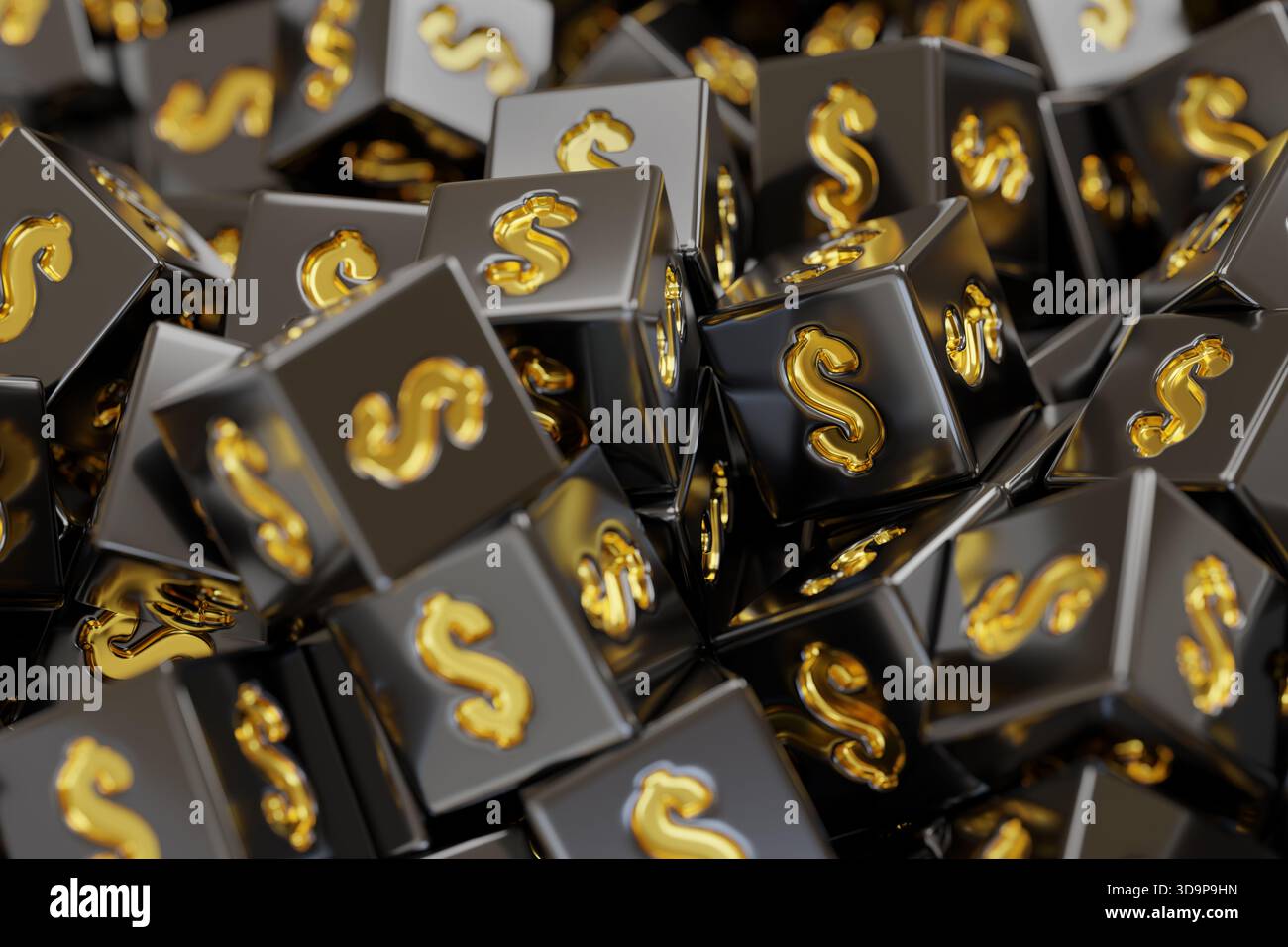 Dadi neri con sfondo con simboli del dollaro dorato. illustrazione 3d. Foto Stock
