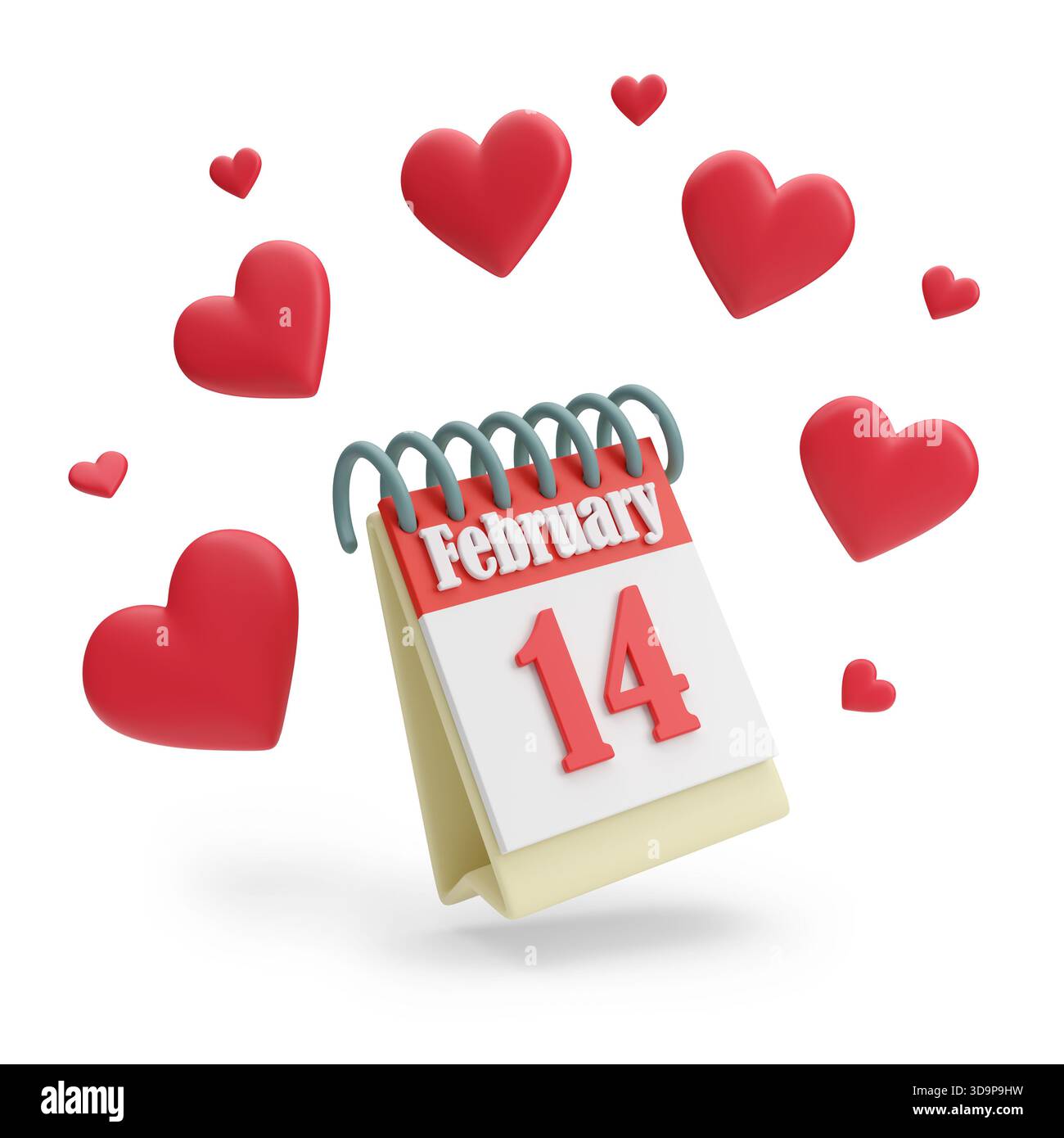 Calendario in stile cartoni animati con la data del 14 febbraio isolato su sfondo bianco. Concetto di San Valentino. Illustrazione 3D. Foto Stock