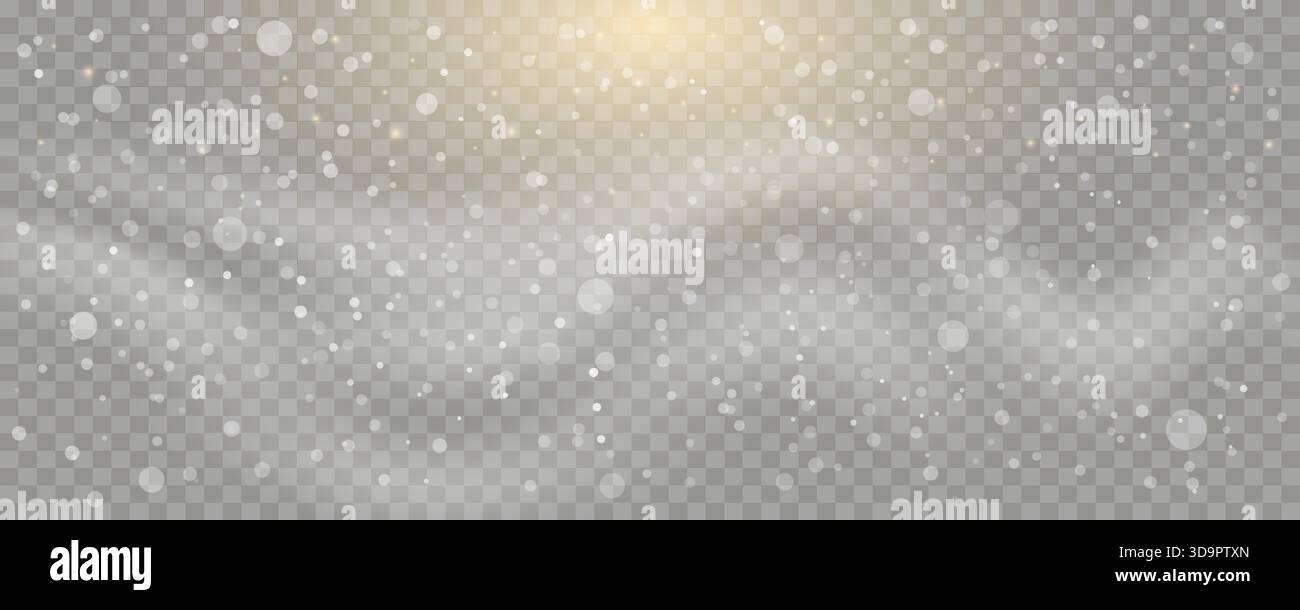 La neve cadente e l'effetto bokeh si sovrappongono a un leggero bagliore di sole dorato su uno sfondo trasparente. Per effetti fotografici invernali e festivi. Vettore modificabile Illustrazione Vettoriale