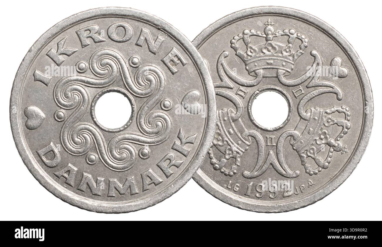 1 moneta di corona danese isolata su sfondo bianco Foto Stock