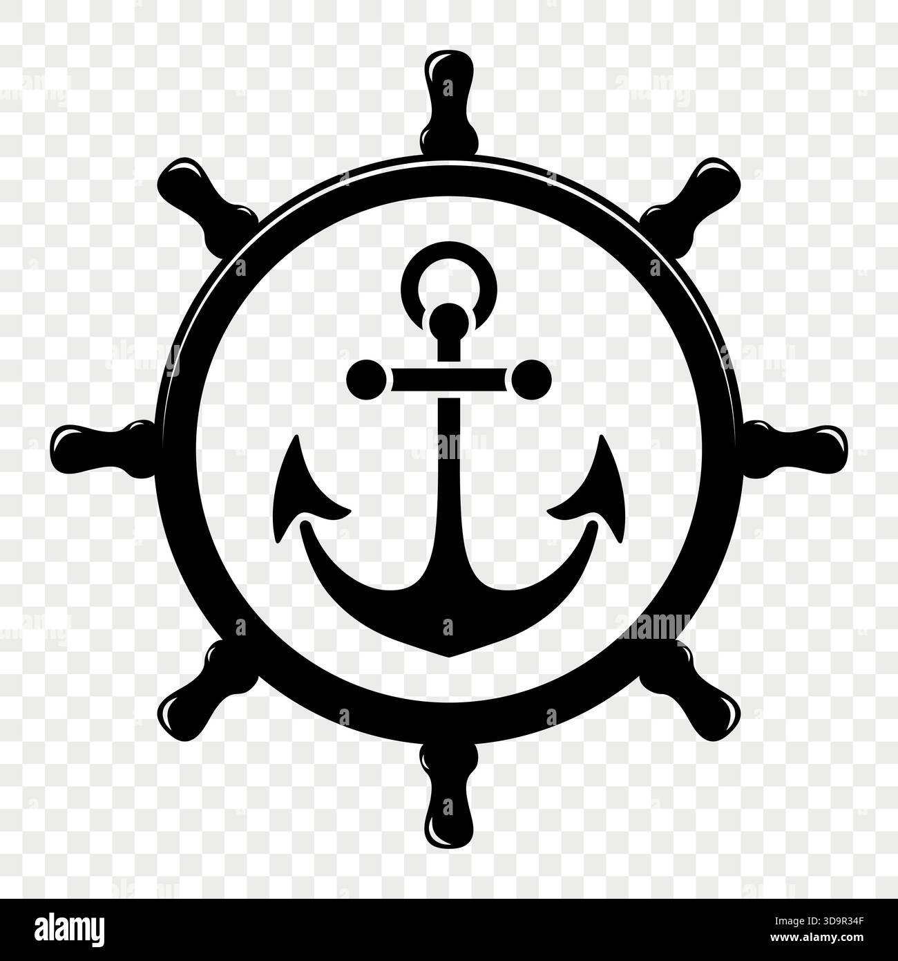 Vector Vintage Anchor and Ship Wheel. Icona timone nautico, retro Captain Tattoo Design, logo Sailing Club, stemma Maritime Adventure, Sea Illustrazione Vettoriale
