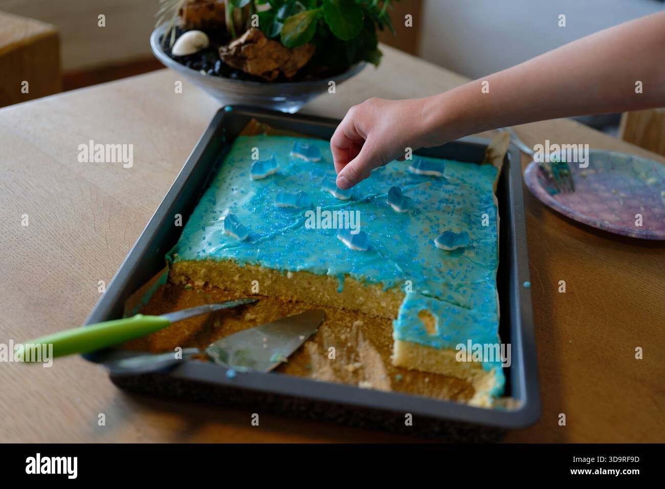 La mano di un bambino si avvicina a una statuetta di gomma da vino su una torta blu a una festa di compleanno per bambini con il tema del mondo sottomarino Foto Stock