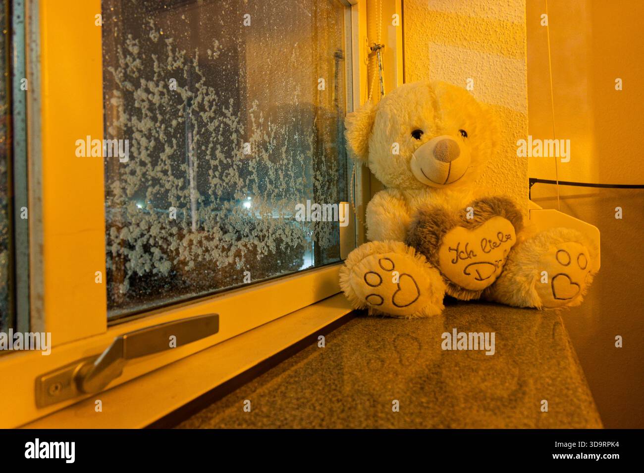 Un peluche bianco siede sul davanzale reggendo un cuore grigio che legge Ich liebe dich. La neve serale esterna si attacca al pannello di plastica, le luci stradali si illuminano Foto Stock