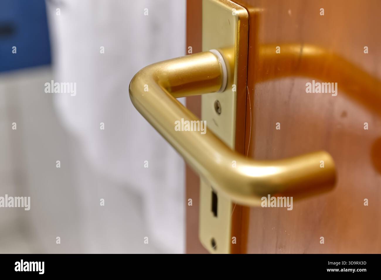 Una vista ravvicinata della maniglia dorata di una porta in legno, che mostra il suo design elegante e la finitura lucida. Lo sfondo è leggermente sfocato, enfatizzato Foto Stock