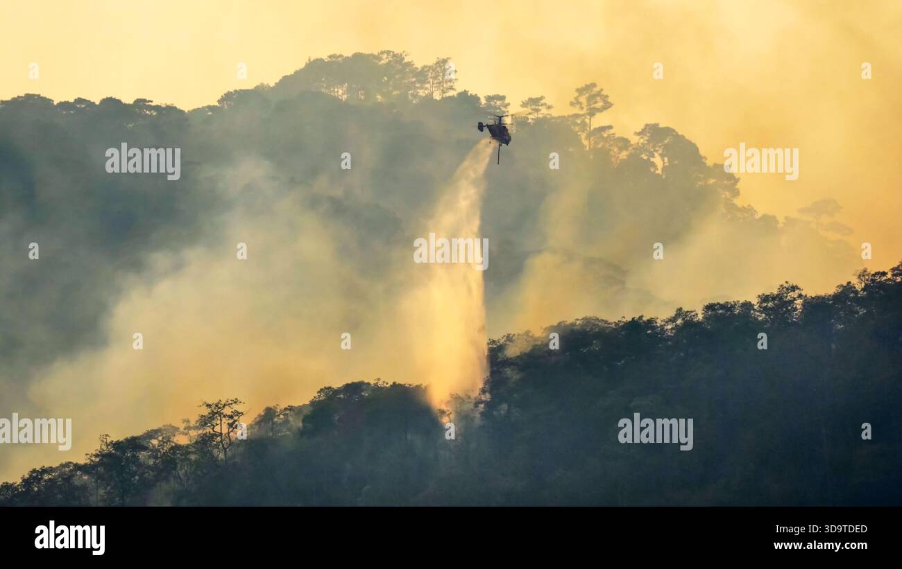 Elicottero antincendio che fa cadere acqua per spegnere l'incendio della foresta. Foto Stock