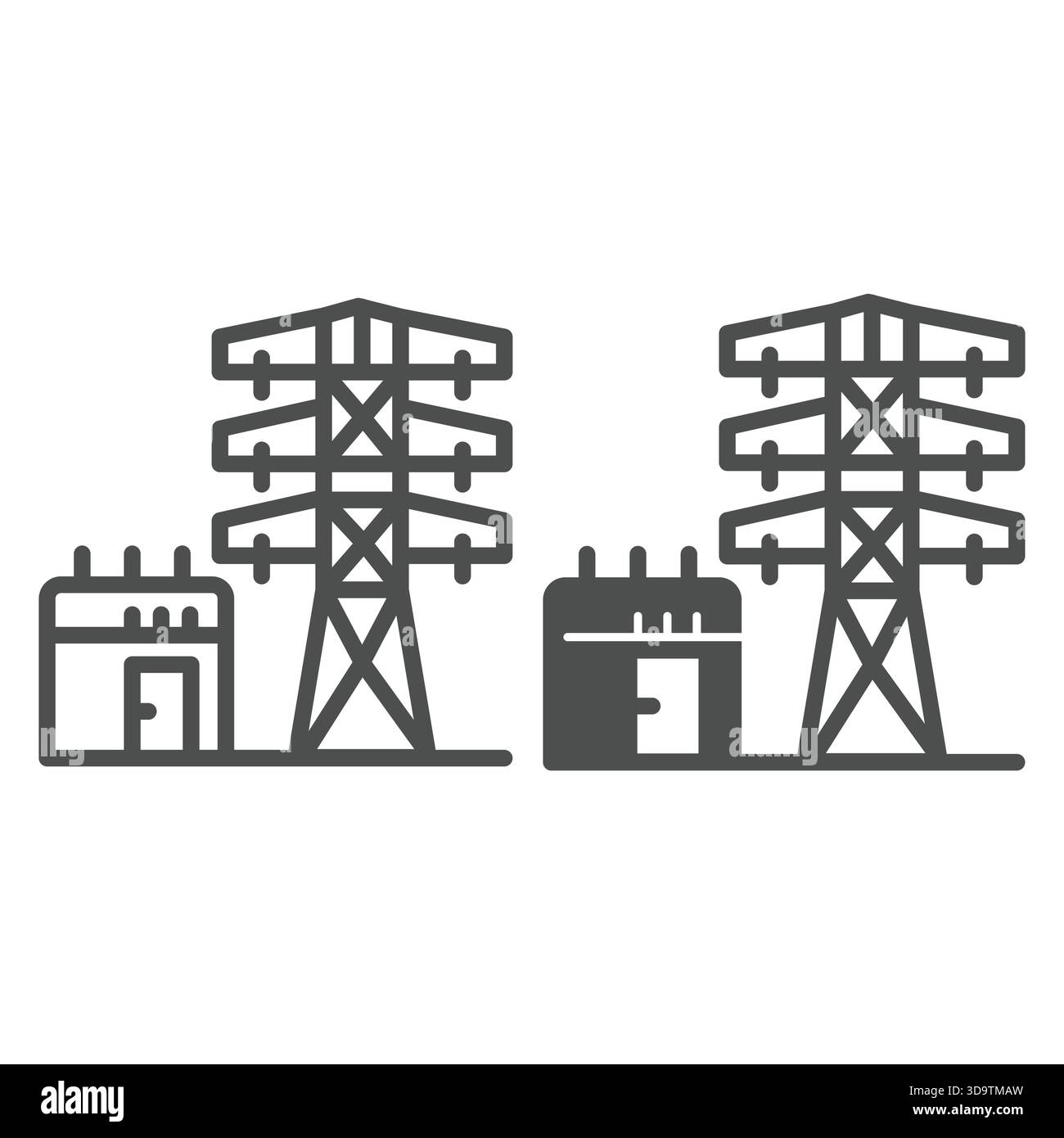 Scatola del trasformatore e linea dei poli ad alta tensione e icona continua, concetto di servizio elettrico. Grafica vettoriale. Segnale di sicurezza elettrica su sfondo bianco, ou Illustrazione Vettoriale