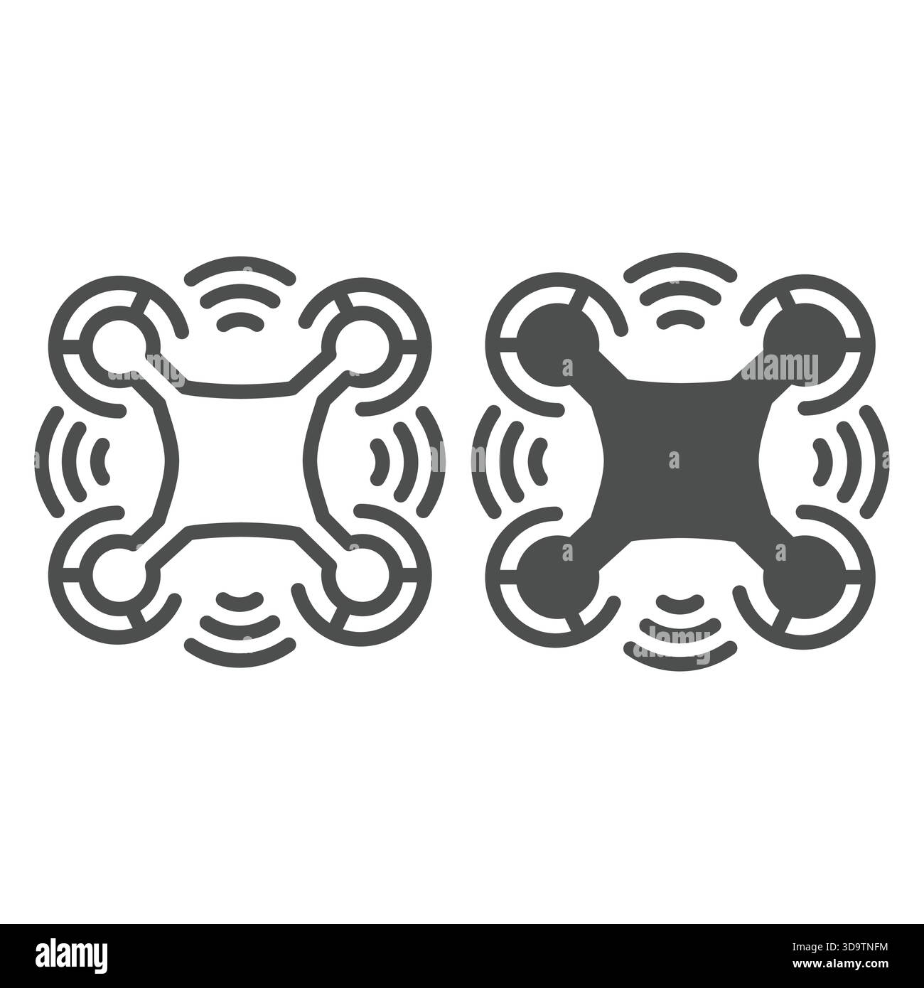 Drone wireless con quattro linee di motori e icona solida, concetto di rete neurale. Grafica vettoriale. Drone FPV, insegna di formazione sulla consegna su sfondo bianco, o Illustrazione Vettoriale