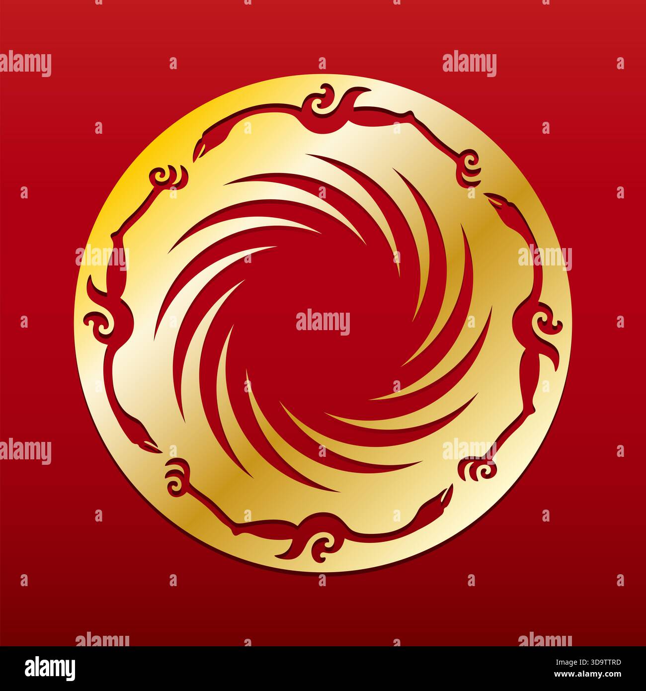 Golden Sun Bird sul campo rosso. Ornamento d'oro degli uccelli immortali e del sole, un motivo, tagliato da un pezzo a forma di anello di antico foglio d'oro cinese. Foto Stock
