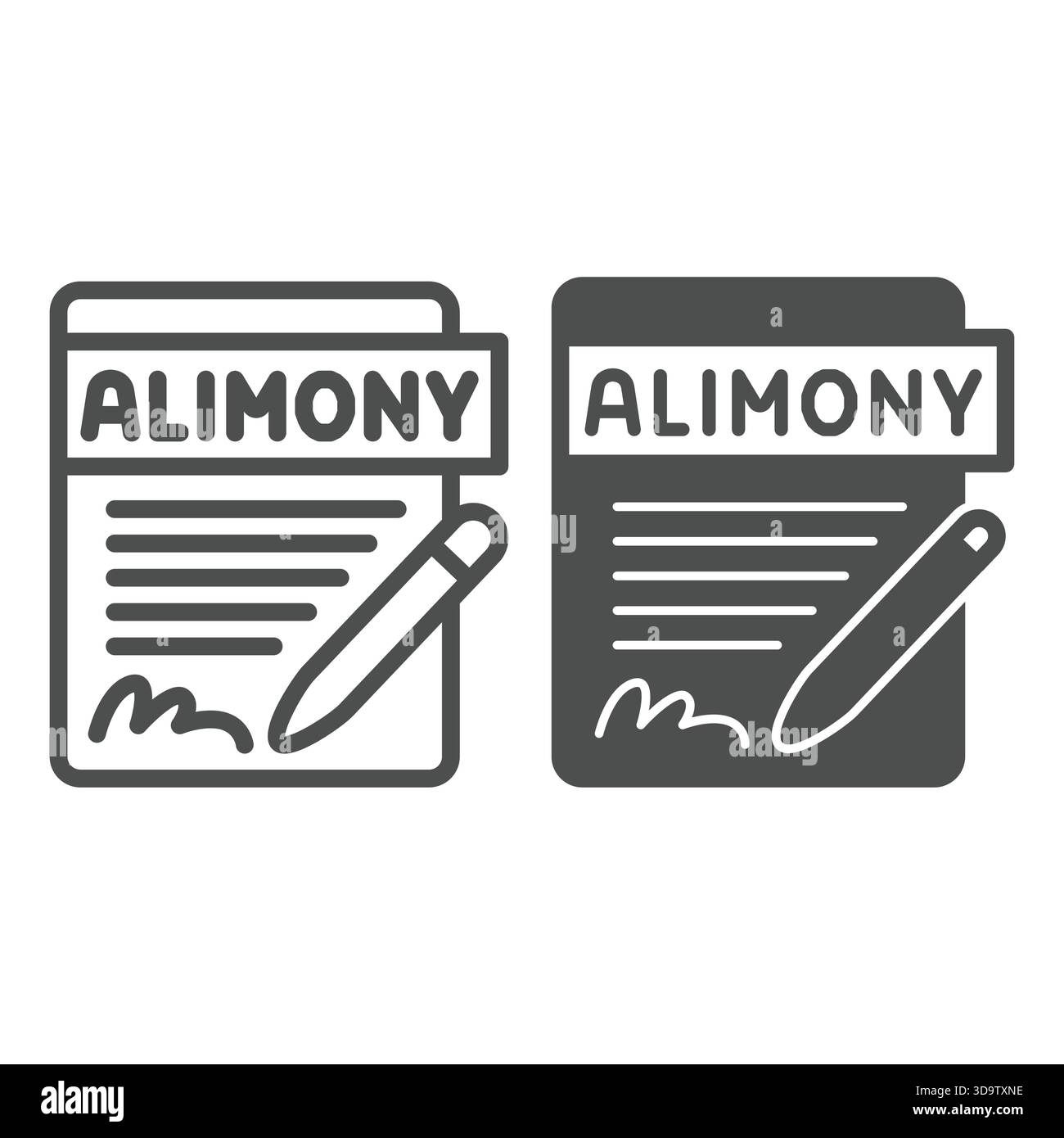Documento firmato, penna e icona solida, concetto di avvocato di famiglia. Grafica vettoriale. Domanda di alimonia, cartellonistica su fondo bianco Illustrazione Vettoriale
