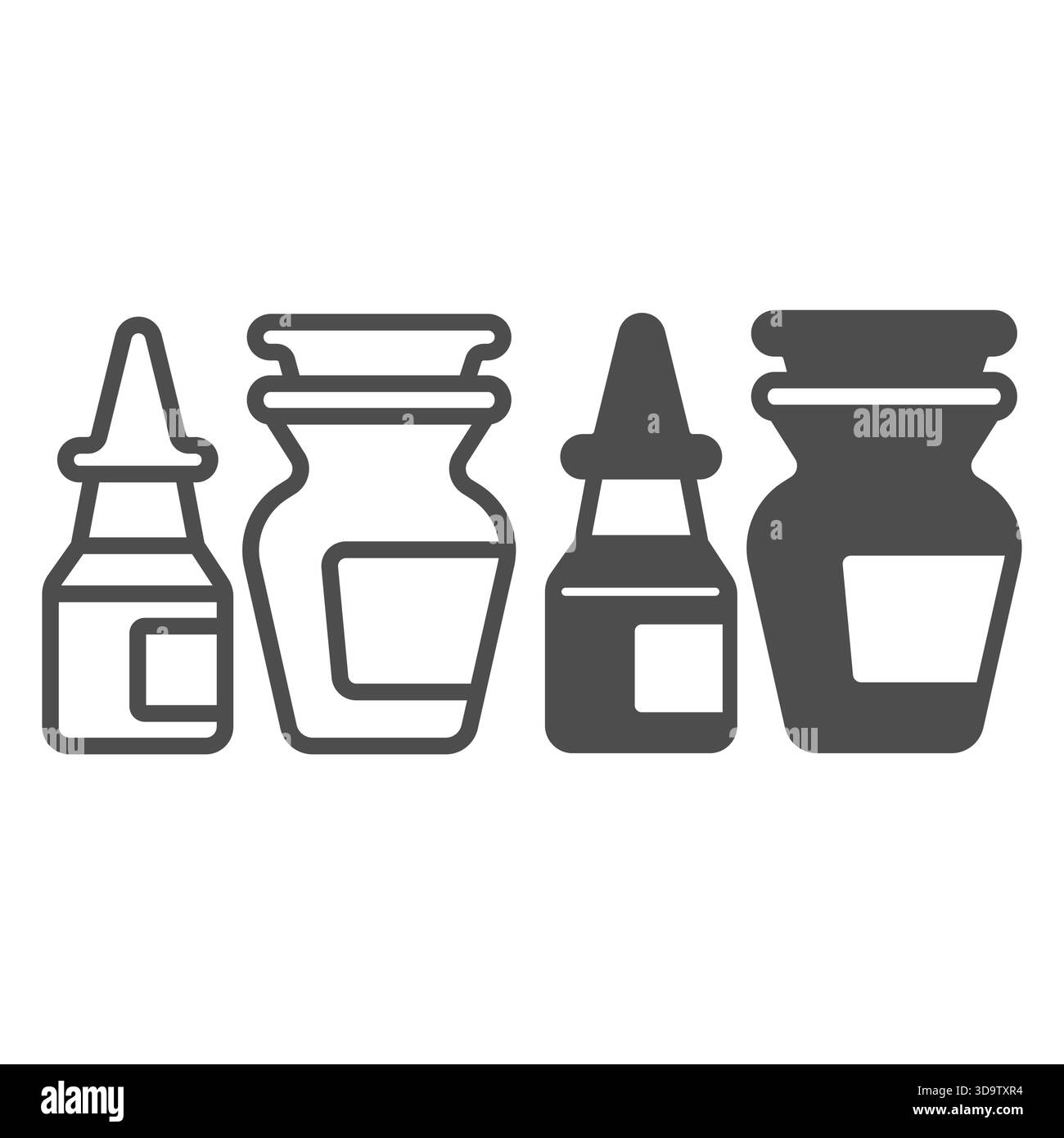 Bottiglia e vasetto della linea di medicina fredda e icona solida, concetto di farmacia. Grafica vettoriale. Cartello coppia flaconi medicinali su sfondo bianco, contorno stile i. Illustrazione Vettoriale