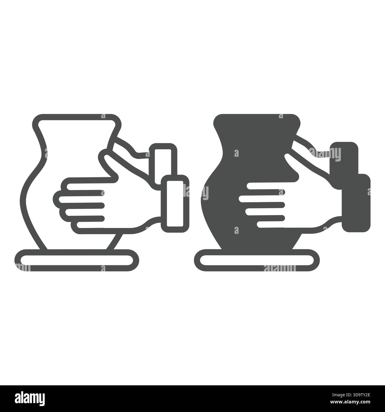 Caraffa in argilla sul banco da lavoro con le mani e icona solida, concetto di creazione di ceramiche. Grafica vettoriale. Mani con prodotto in gesso, insegna stampata su fondo bianco Illustrazione Vettoriale