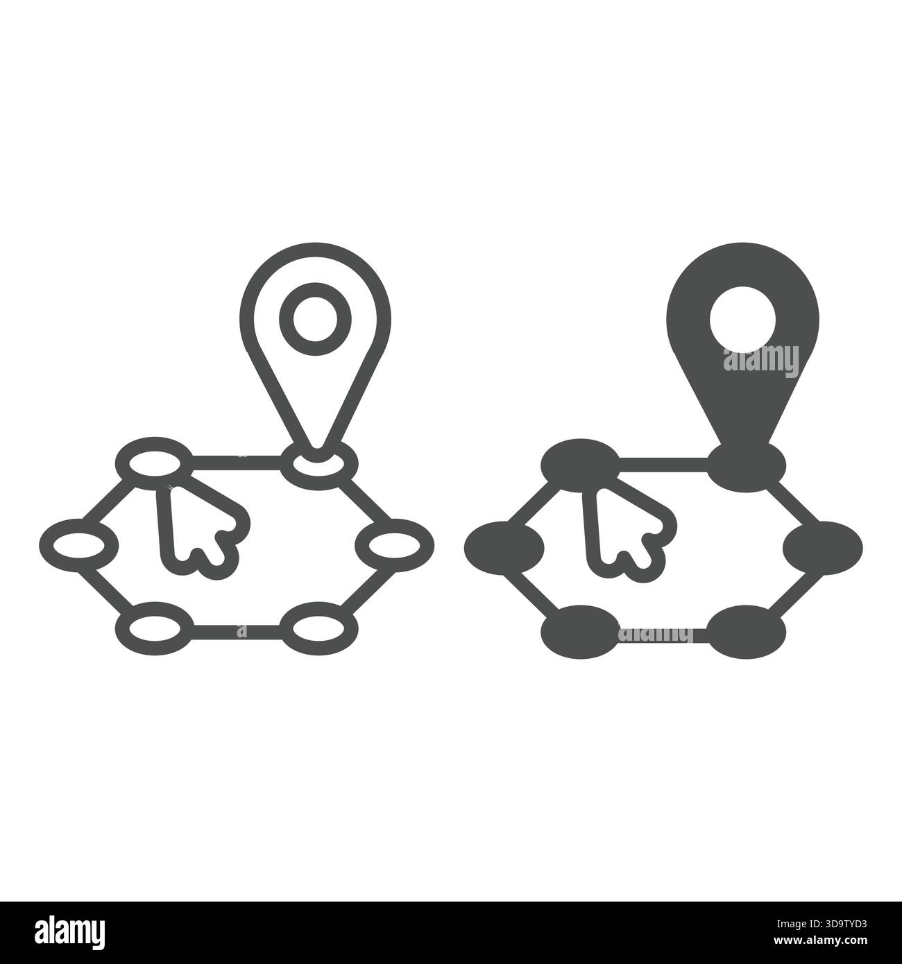 Puntina di posizione e percorso con linea del cursore del mouse e icona continua, concetto di navigazione. Grafica vettoriale. Posizionare il marcatore e il simbolo rotondo della mappa sul retro bianco Illustrazione Vettoriale