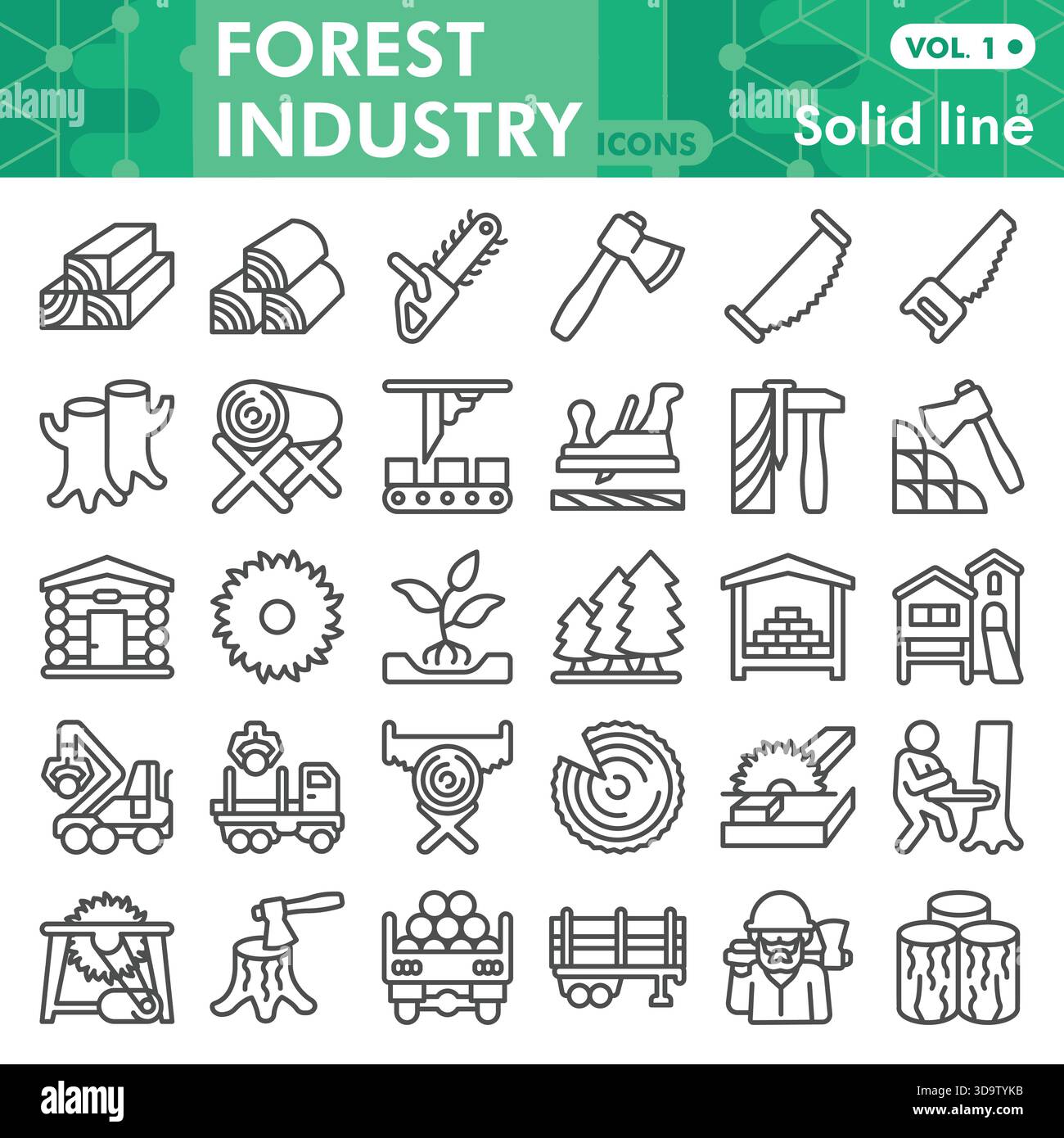 Collezione o schizzi di simboli del settore forestale, barra a tema forestale in linea segni per Web e app. Grafica vettoriale isolata su sfondo bianco Illustrazione Vettoriale
