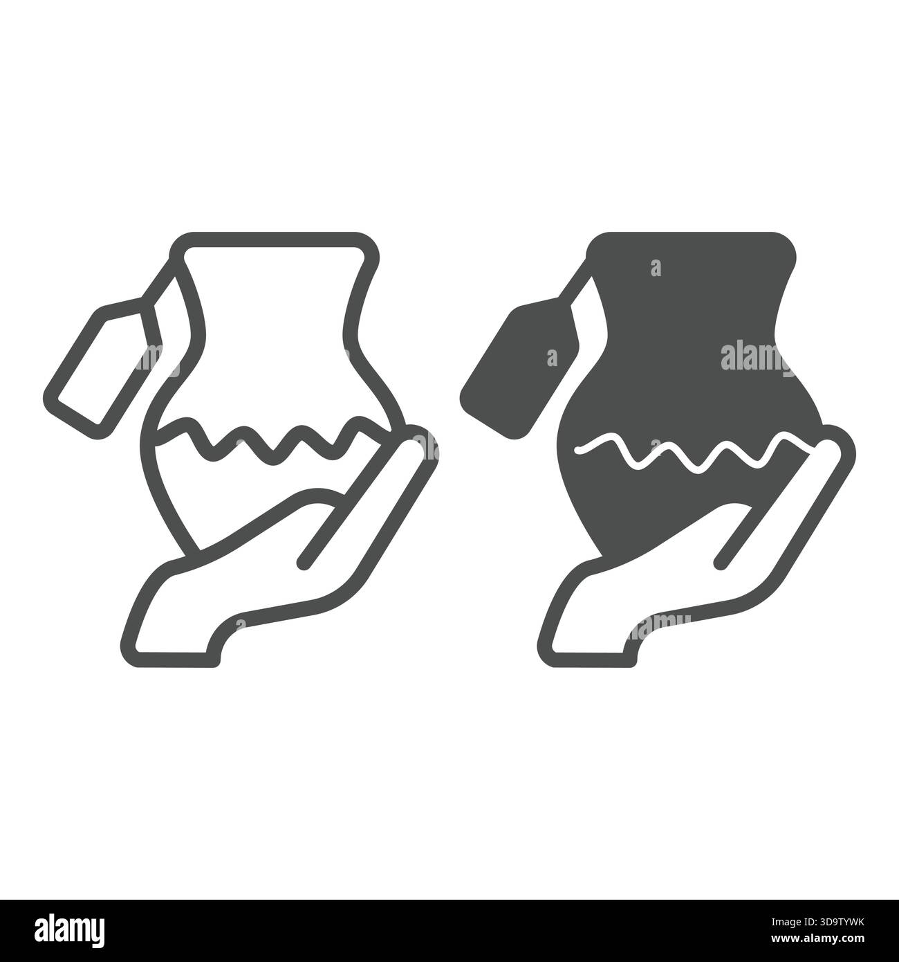 A mano con caraffa di argilla e linea di prezzo e icona a forma di solido, concetto di ceramica. Grafica vettoriale. Caraffa nella mano del cliente, insegna dello shopping su sfondo bianco Illustrazione Vettoriale