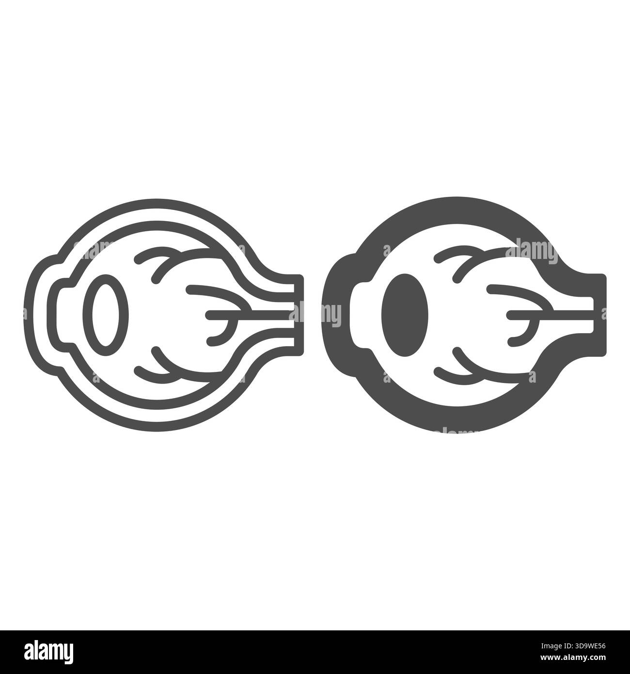 Linea a sfera e icona continua, concetto di trattamento visivo. Grafica vettoriale. Organo umano della vista, segno oftalmologia su sfondo bianco, stile di contorno Illustrazione Vettoriale