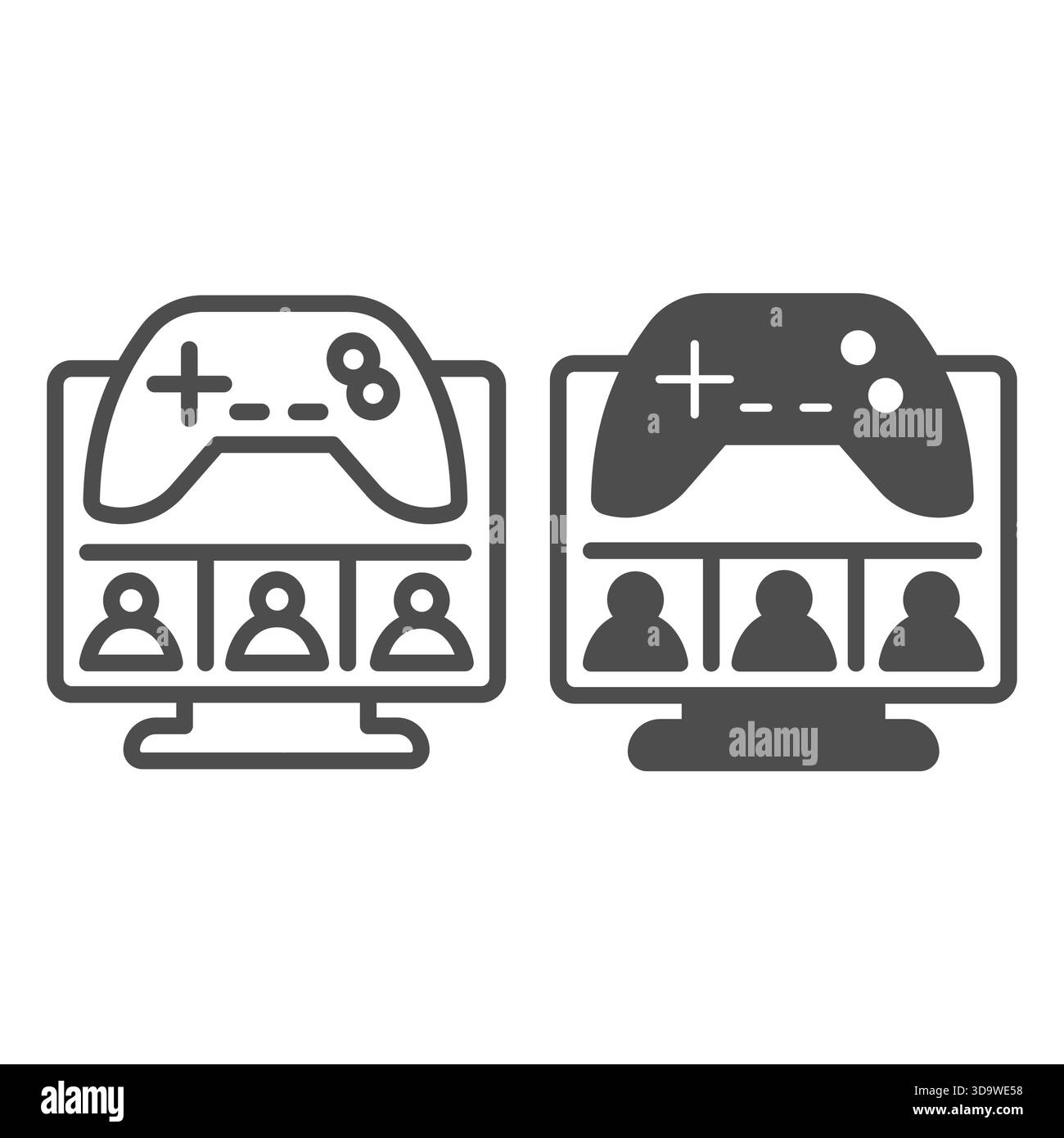 Schermata di monitoraggio con utenti e linea joystick e icona continua, concetto multiverso NFT. Grafica vettoriale. Nelle risorse di gioco, insegna di gioco su sfondo bianco, Illustrazione Vettoriale