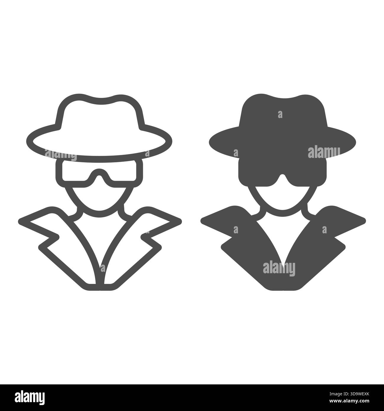 Uomo anonimo con occhiali e linea cappello e icona solida, concetto multiverso NFT. Grafica vettoriale. Hacker, firma segreta del compratore su sfondo bianco, outlin Illustrazione Vettoriale