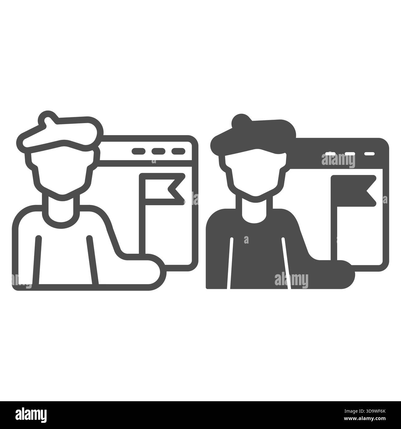 Uomo artista con bandiera e linea finestra sito Web e icona continua, concetto multiverso NFT. Grafica vettoriale. Cartello con la scritta "persona famosa" sul backgrou bianco Illustrazione Vettoriale