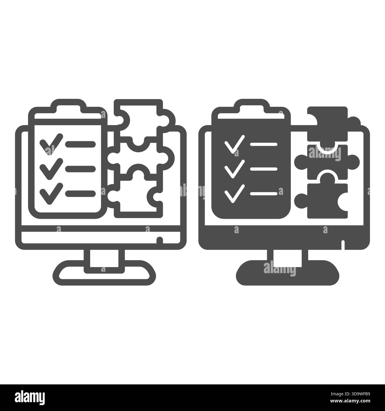 Schermata di monitoraggio con elenco di controllo delle tessere del puzzle, icona continua, concetto di raccolta dati. Grafica vettoriale. Accesso alla lista di creazione dei contenuti su sfondo bianco Illustrazione Vettoriale