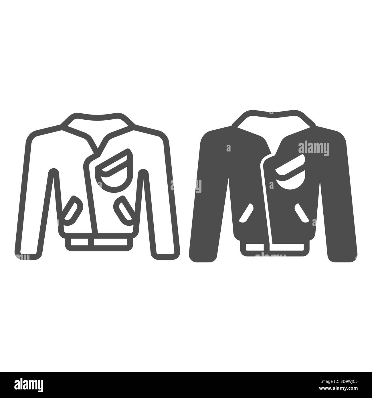 Giacca in pelle con linea maniche e tasche e icona a tinta unita, un concetto di abbigliamento autunnale. Grafica vettoriale. Giubbotto da uomo, insegna di abbigliamento su sfondo bianco, Illustrazione Vettoriale