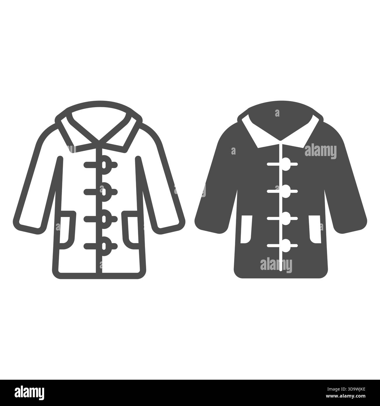 Giacca con tasche, maniche e bottoni e icona a tinta unita, abbigliamento autunnale. Grafica vettoriale. Cappotto da donna, abiti su backgrou bianco Illustrazione Vettoriale
