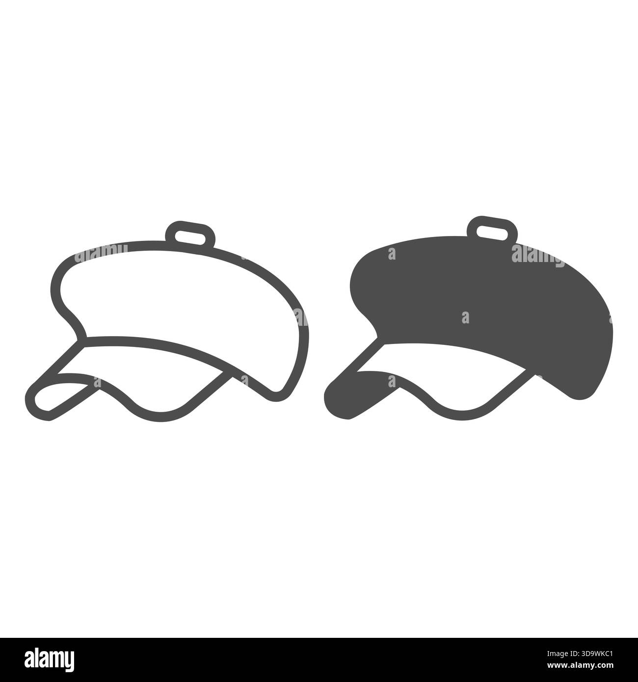 Cappello con visiera e icona a tinta unita, concetto di abbigliamento autunnale. Grafica vettoriale. Elegante cappello da donna, cartellino su sfondo bianco, contorno Illustrazione Vettoriale