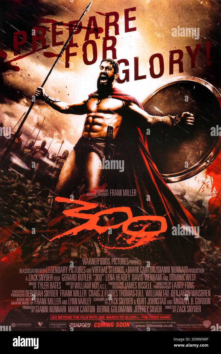 300 (2006) diretto da Zack Snyder e interpretato da Gerard Butler, Lena Headey e Rodrigo Santoro. Un re spartano conduce 300 guerrieri d'élite in un'ultima disperata resistenza contro un vasto esercito persiano invasore al passo di montagna delle Termopili. Fotografia di un poster originale del 2006 USA a un foglio SOLO PER USO EDITORIALE. Crediti: BFA / Warner Bros Foto Stock