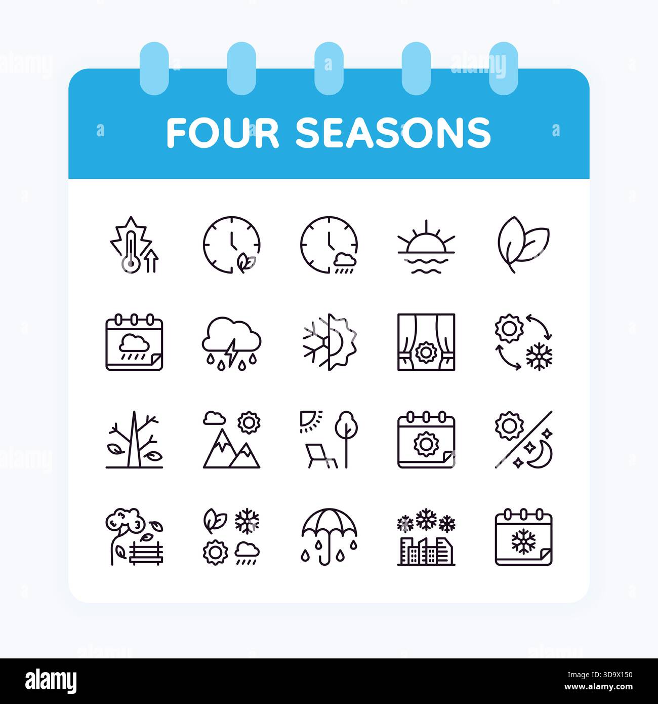 Tutte le stagioni. Mattina, notte e sera di giorno. Alba nel primo pomeriggio. Condizioni meteorologiche stagionali. Orologio solare. Luna di mezzanotte. Segni meteorologici. Simbolo del calendario. Nuvole di pioggia e neve fredda. Set di icone della linea vettoriale Illustrazione Vettoriale