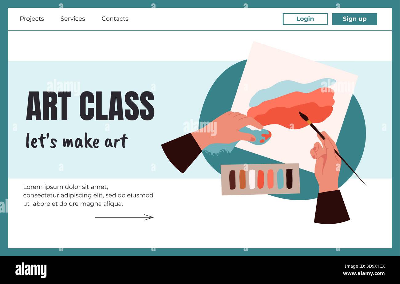 Mani che prendono appunti. Pagina di destinazione classe ART. Corso di educazione al pittore. Modello di progettazione del sito Web. Immagine della pittura delle armi. Studio di hobby artistico. Imparare a mestiere. Le dita tengono il pennello. Sfondo vettoriale Illustrazione Vettoriale