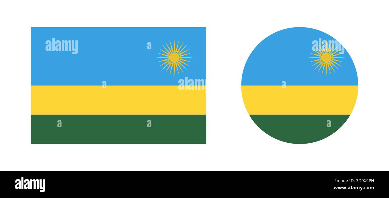 Bandiera nazionale del Ruanda rettangolare, bottone piatto rotondo, distintivo, collezione di icone. Set di bandiere del Ruanda in forma rettangolare e circolare. Illustrazione Vettoriale