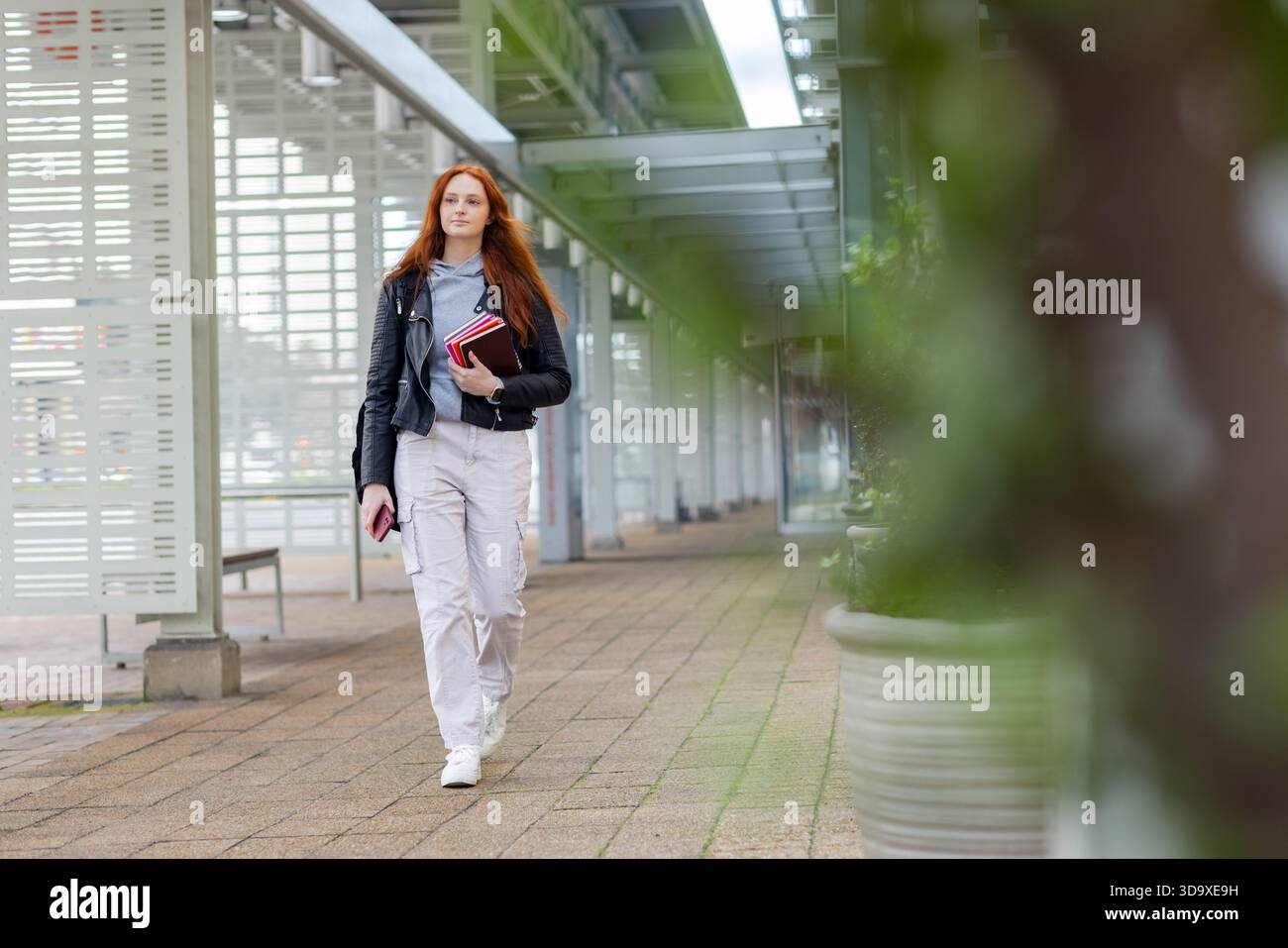 Studentessa che si muove lungo la passerella urbana tenendo in mano notebook e smartphone davanti alle piantatrici Foto Stock