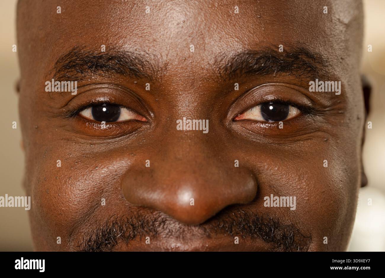 Uomo afroamericano che guarda la macchina fotografica, guarda gli occhi, mostra la consistenza della pelle dei baffi al naso Foto Stock