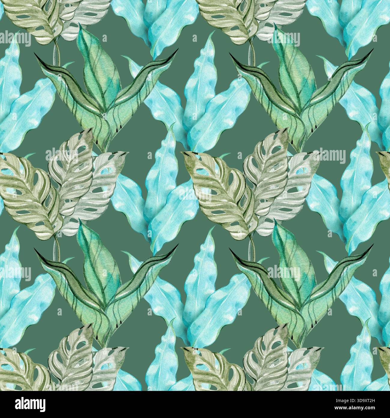 Motivo a foglia tropicale acquerello senza cuciture con fogliame esotico. Le foglie verdi e blu morbide creano un nuovo design botanico per il tessuto e la carta da imballaggio Foto Stock