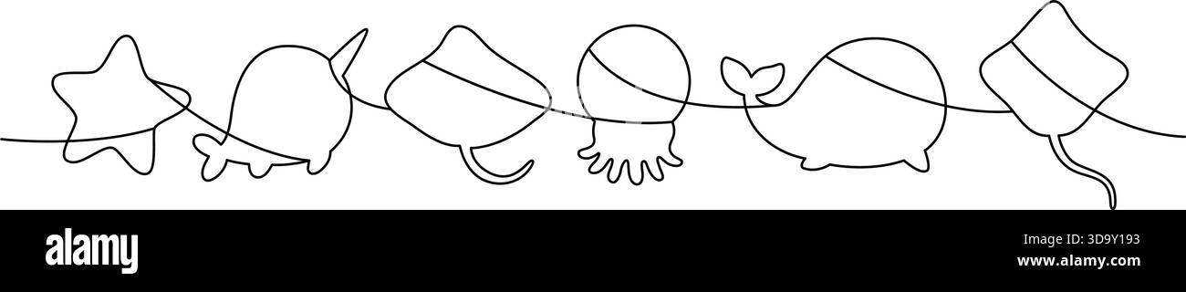 Profilo continuo degli animali marini, tra cui stelle marine, narwhale, pastinaca, meduse, balena, e puzza. Silhouette minimal nere per un look da sera Illustrazione Vettoriale