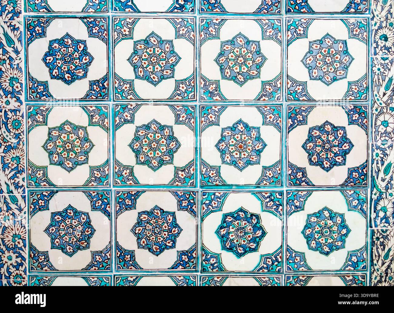 Primo piano di piastrelle in ceramica tradizionali che mostrano intricati motivi ottomani in vivide tonalità blu, turchese e bianco, Palazzo Topkapi, Istanbul, Turchia Foto Stock