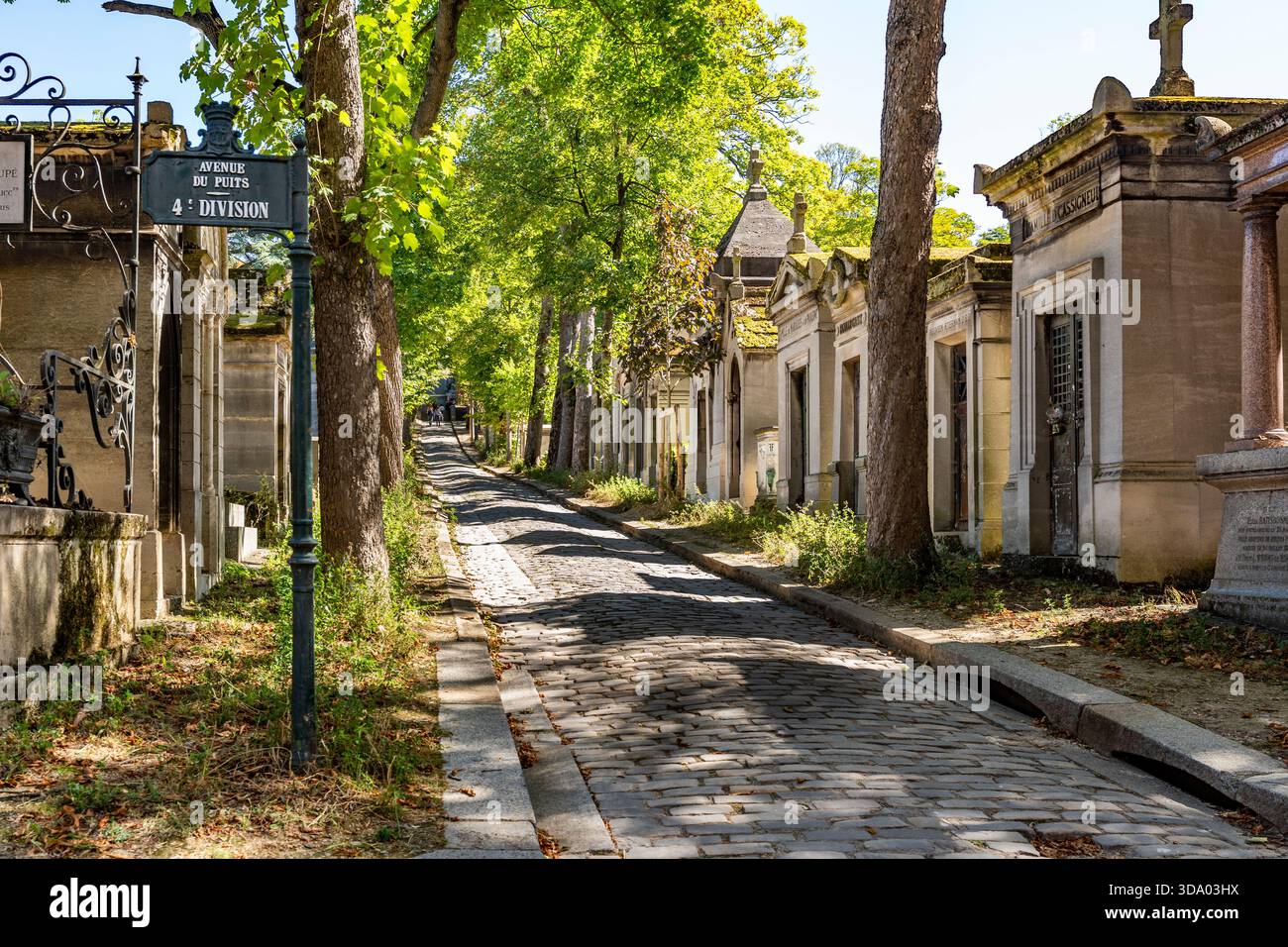 Scorcio di viale alberato con ciottoli nel monumentale Cimitero di Pere Lachaise, il più grande cimitero di Parigi, in Francia Foto Stock